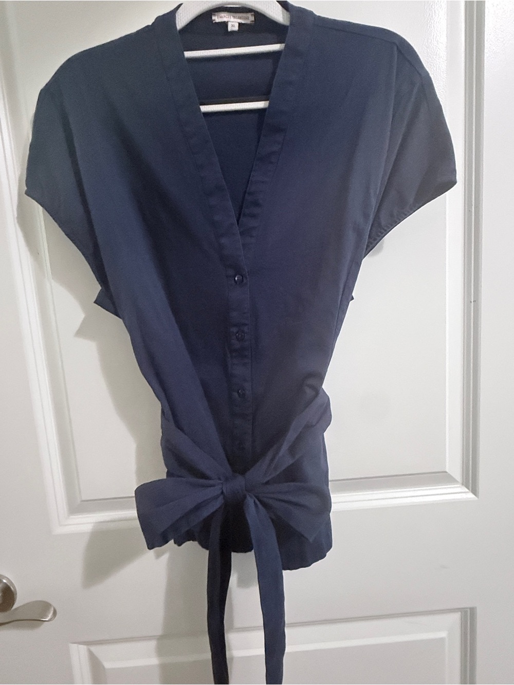 Frances Valentine Navy Cotton Poplin V-Neck Tie Waist Cap Sleeve Blouse XL
